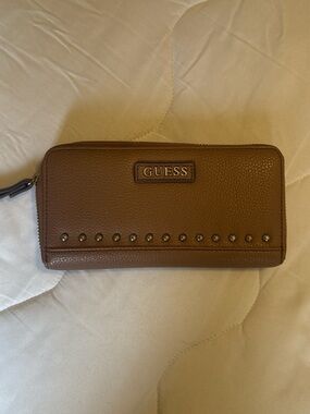 GUESS Tan Pebbled Leather Zip Wallet with Stud Accent